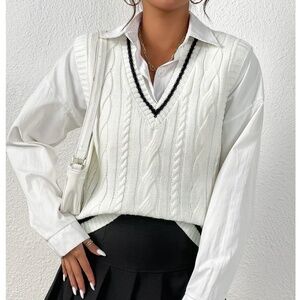White Cable Knit Vest V-Neck Black Trim Stretchy